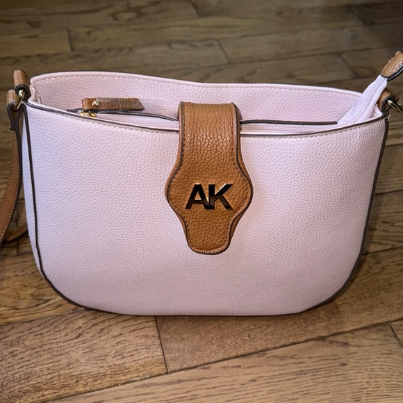 Anne Klein Pink with Tan Trim Faux Pebbled Leather Crossbody Bag - Picture 11 of 12